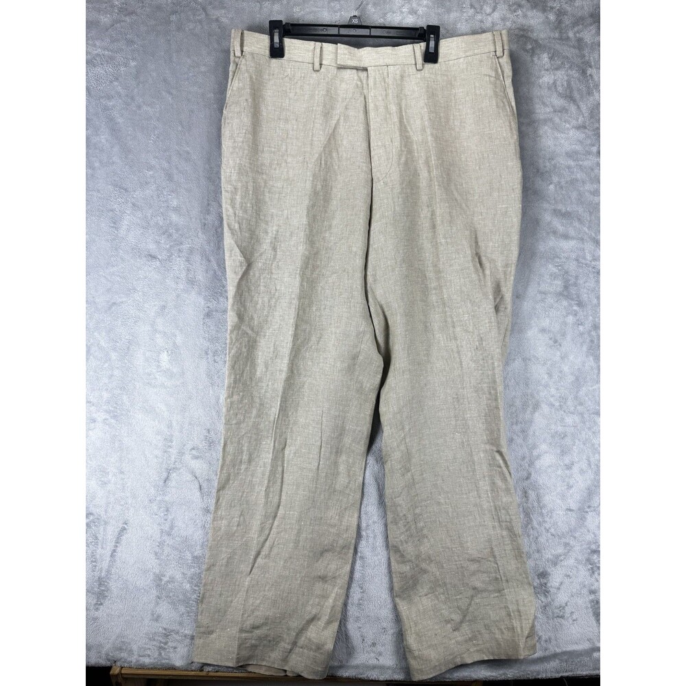 Charles Tyrwhitt Mens Pants 42 Beige Linen Solid Regular Fit Lightweight Pockets